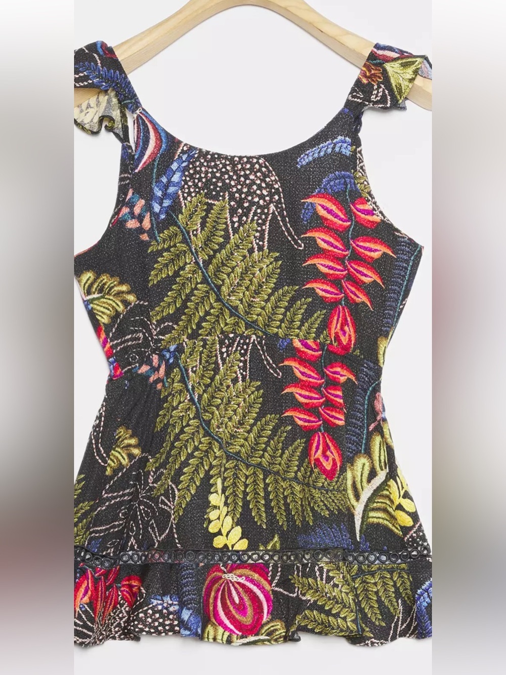 NWOT FARM Rio Black Tropical Floral Ruffle-Peplum Hem Camisole Beautiful Details - Picture 3 of 10
